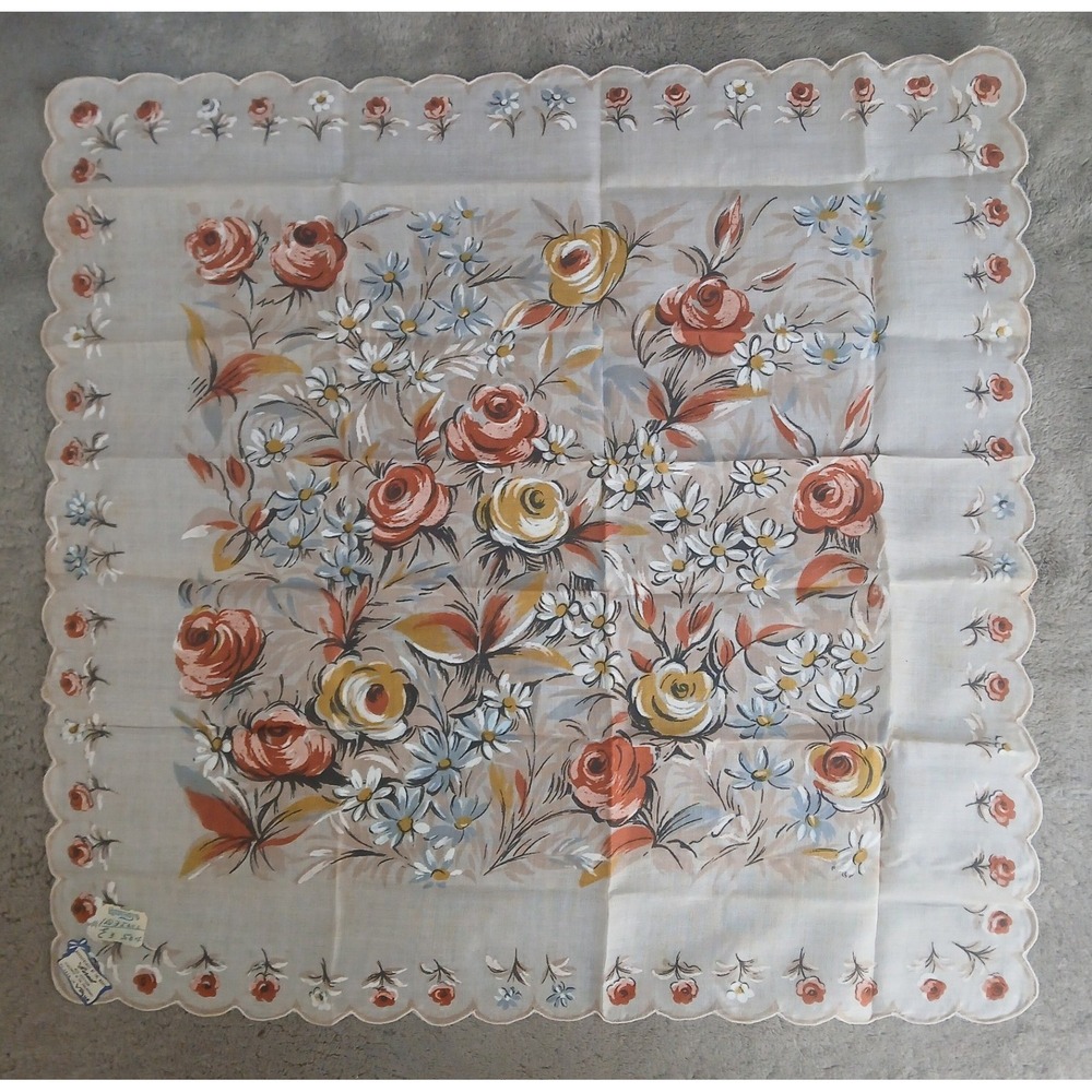 Vintage Burmel Handkerchief of the Month Floral Roses Scalloped Cotton Vogue Tag